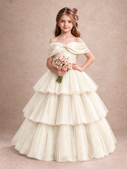 Off Shoulder Satin Bow Flower Girl Dress Tiered Ruffle Tulle Floor Length Wedding Pageant Gown
