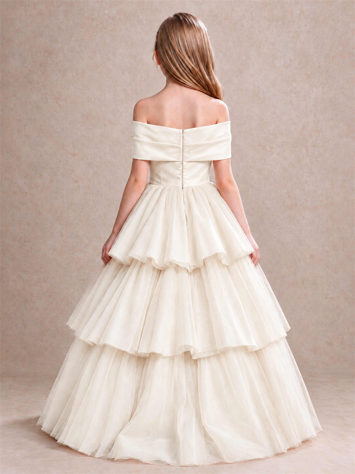 Off Shoulder Satin Bow Flower Girl Dress Tiered Ruffle Tulle Floor Length Wedding Pageant Gown