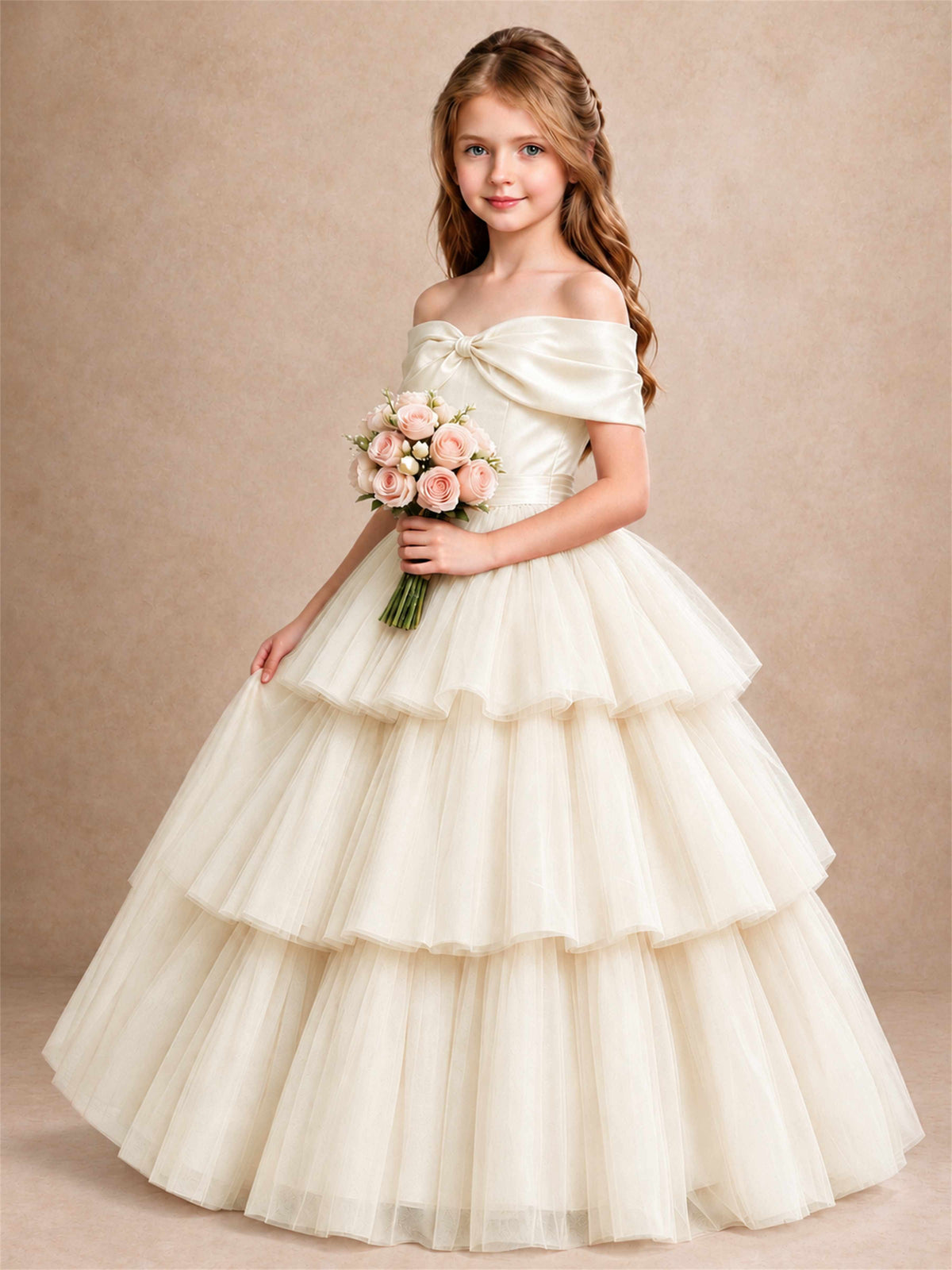 Off Shoulder Satin Bow Flower Girl Dress Tiered Ruffle Tulle Floor Length Wedding Pageant Gown