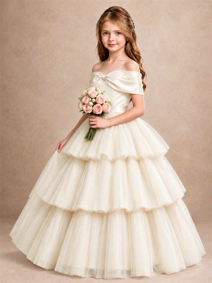 Off Shoulder Satin Bow Flower Girl Dress Tiered Ruffle Tulle Floor Length Wedding Pageant Gown