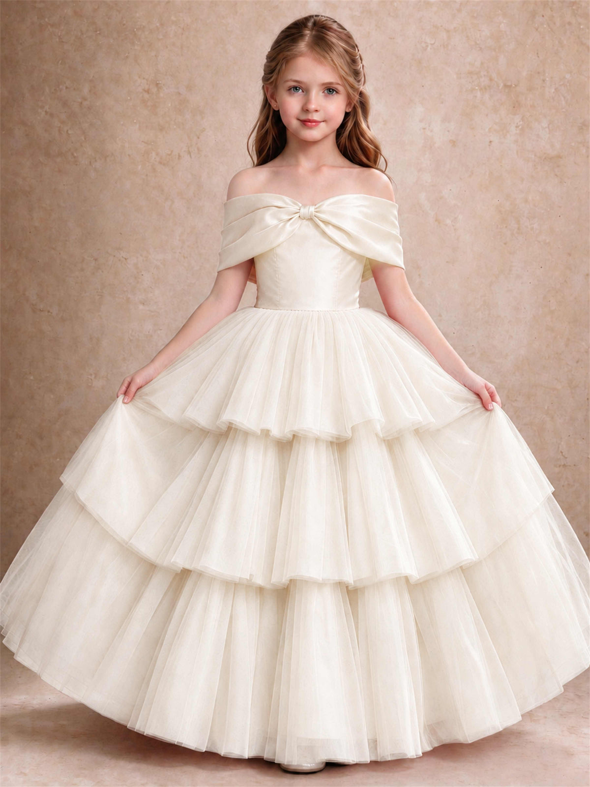 Off Shoulder Satin Bow Flower Girl Dress Tiered Ruffle Tulle Floor Length Wedding Pageant Gown