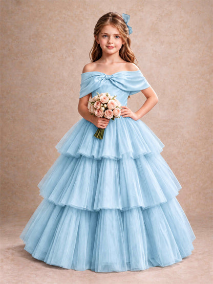 Off Shoulder Satin Bow Flower Girl Dress Tiered Ruffle Tulle Floor Length Wedding Pageant Gown