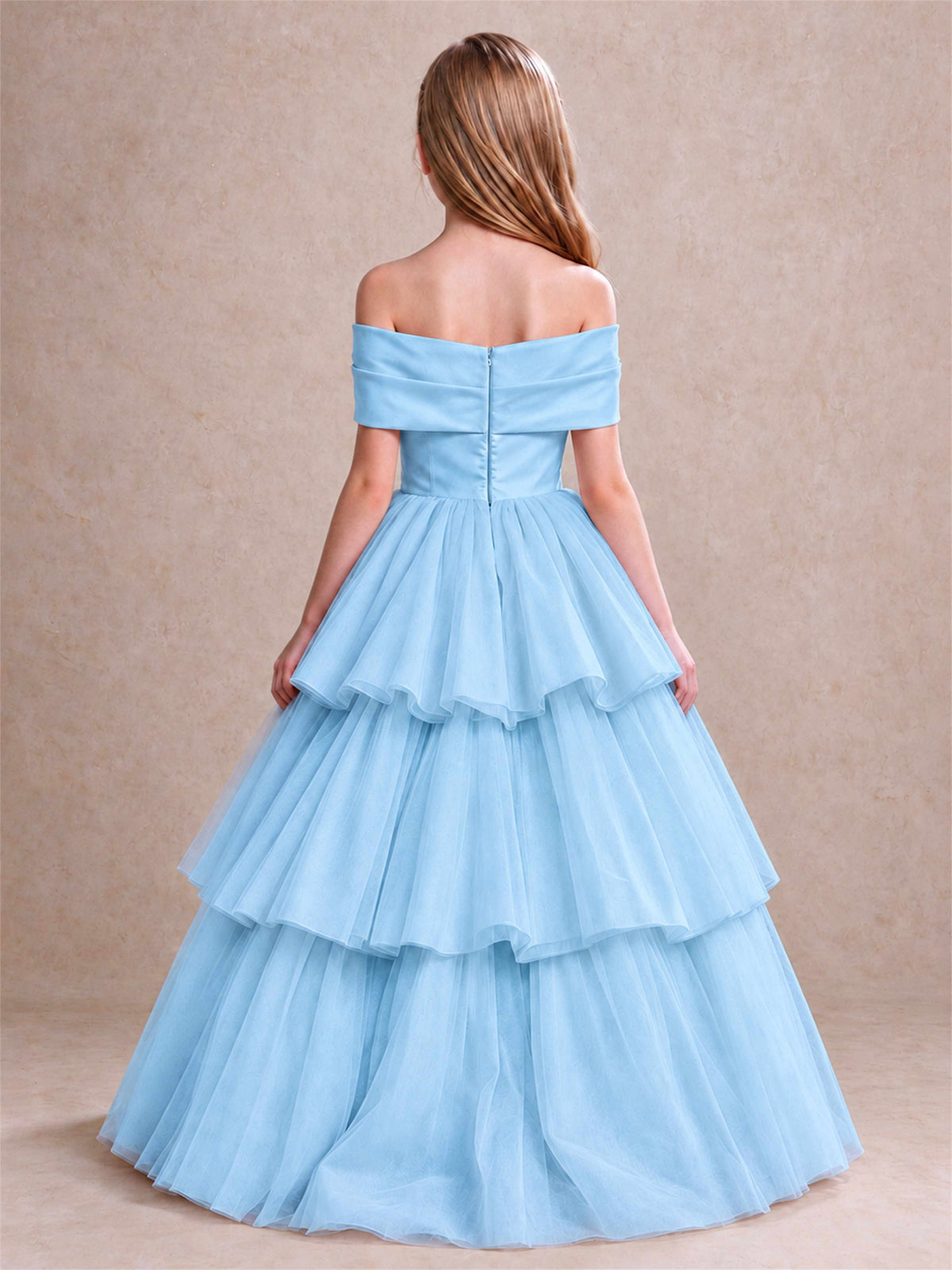 Off Shoulder Satin Bow Flower Girl Dress Tiered Ruffle Tulle Floor Length Wedding Pageant Gown