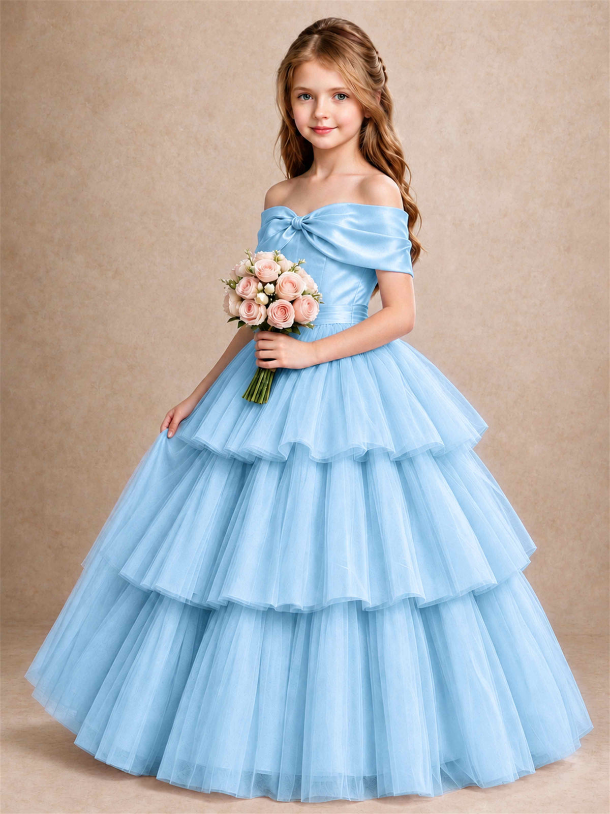 Off Shoulder Satin Bow Flower Girl Dress Tiered Ruffle Tulle Floor Length Wedding Pageant Gown