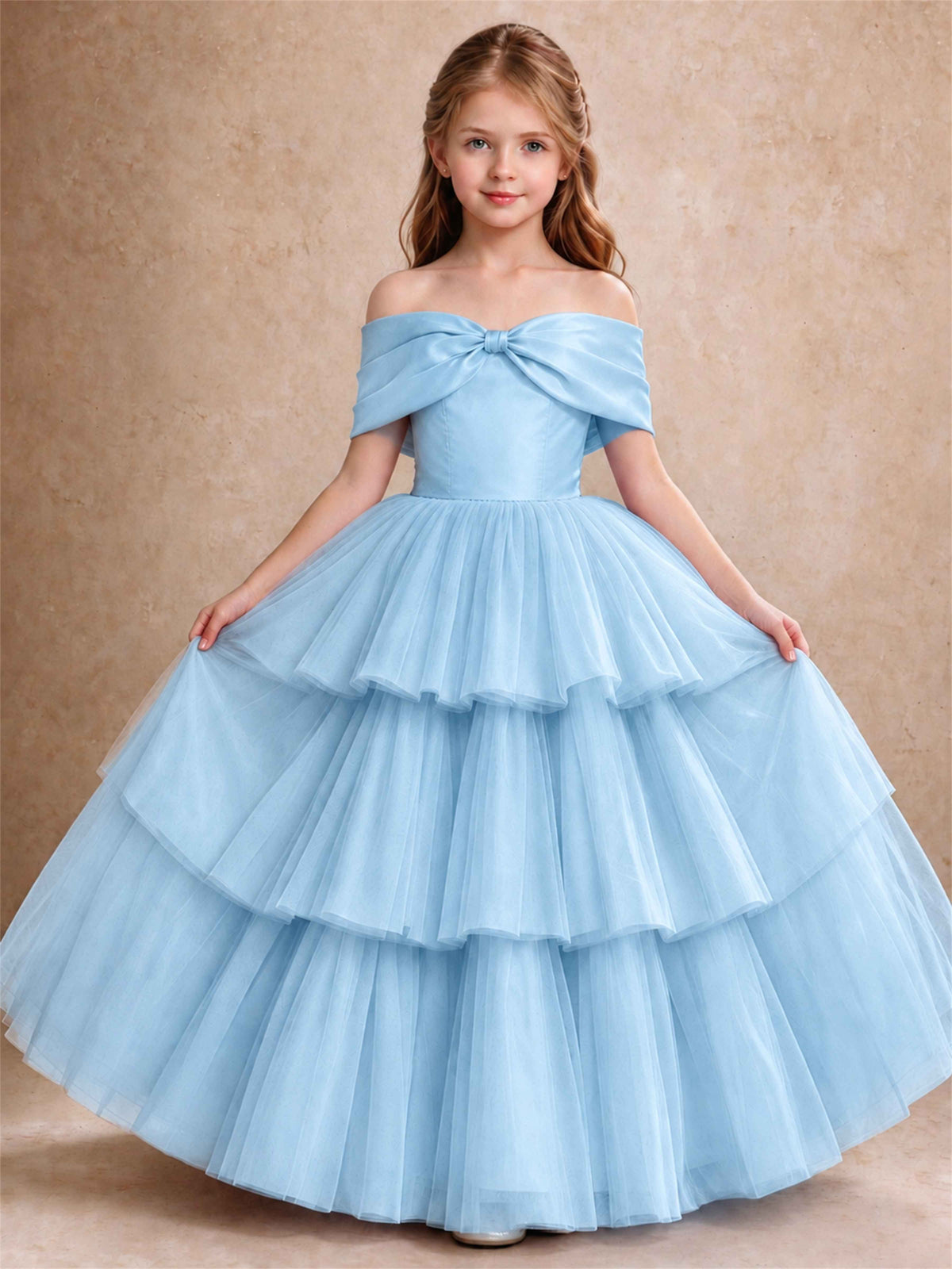 Off Shoulder Satin Bow Flower Girl Dress Tiered Ruffle Tulle Floor Length Wedding Pageant Gown