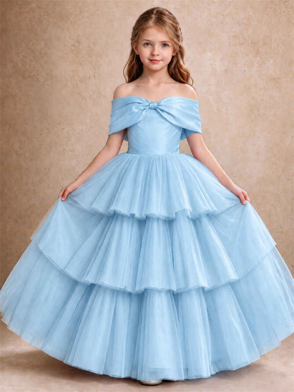 Off Shoulder Satin Bow Flower Girl Dress Tiered Ruffle Tulle Floor Length Wedding Pageant Gown