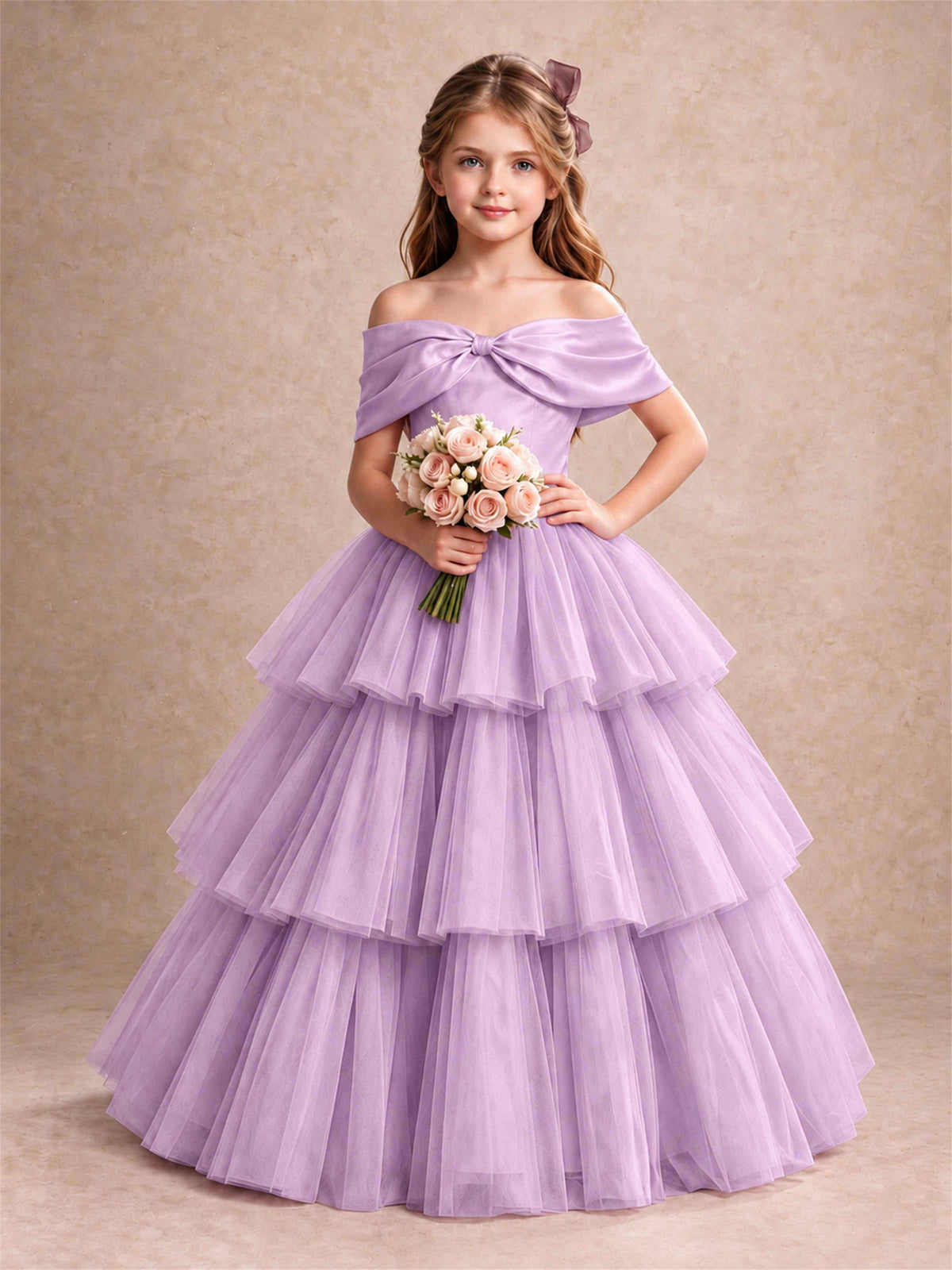 Off Shoulder Satin Bow Flower Girl Dress Tiered Ruffle Tulle Floor Length Wedding Pageant Gown