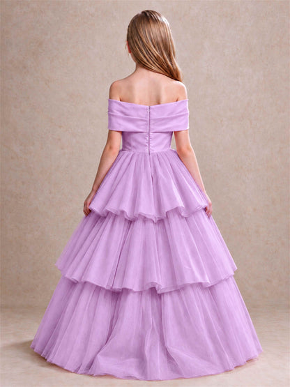 Off Shoulder Satin Bow Flower Girl Dress Tiered Ruffle Tulle Floor Length Wedding Pageant Gown