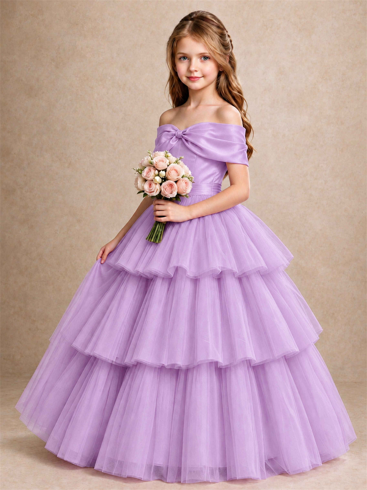 Off Shoulder Satin Bow Flower Girl Dress Tiered Ruffle Tulle Floor Length Wedding Pageant Gown