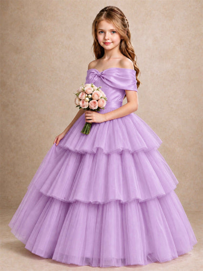 Off Shoulder Satin Bow Flower Girl Dress Tiered Ruffle Tulle Floor Length Wedding Pageant Gown