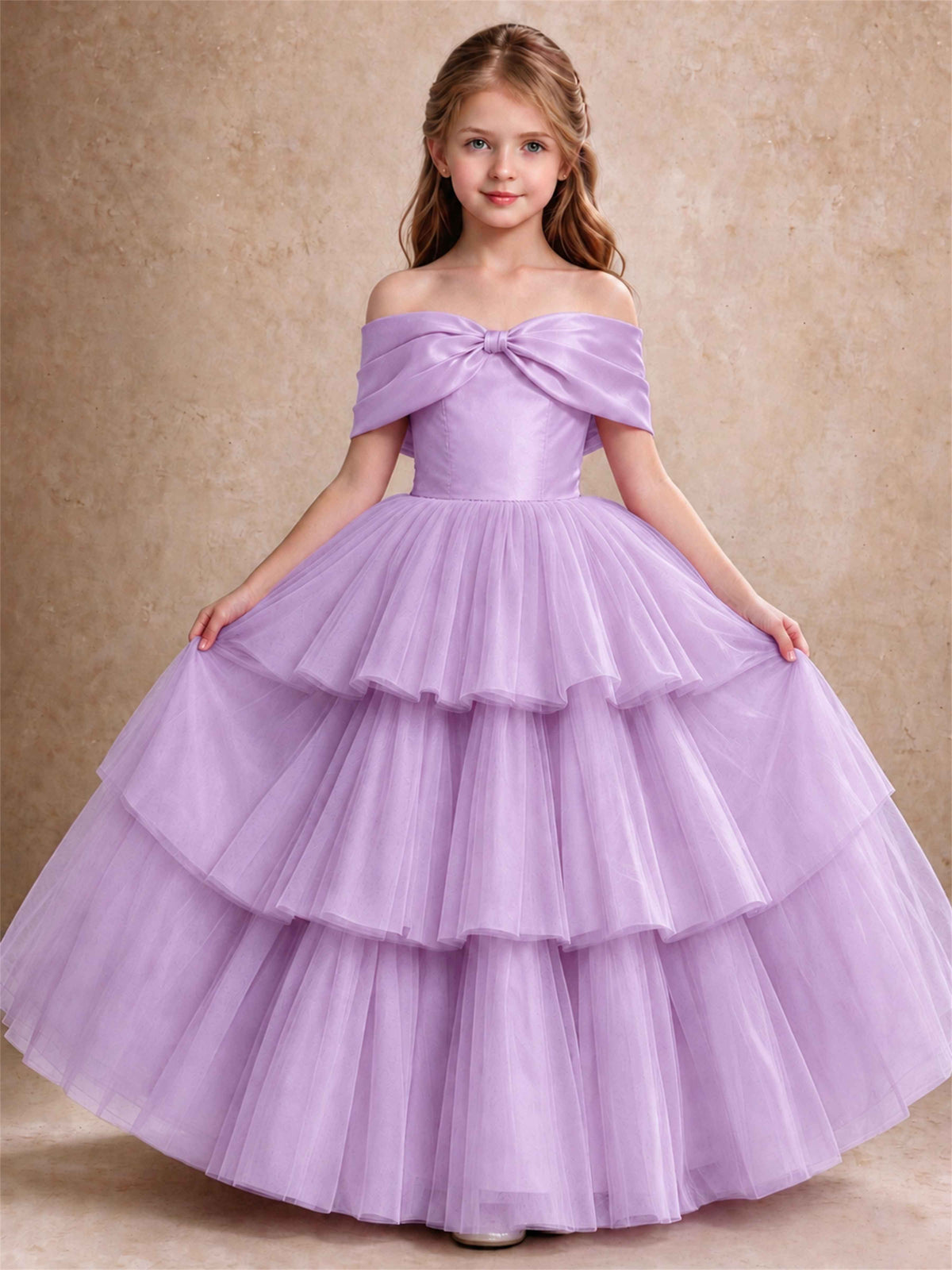 Off Shoulder Satin Bow Flower Girl Dress Tiered Ruffle Tulle Floor Length Wedding Pageant Gown