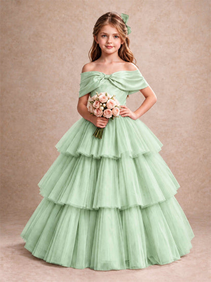 Off Shoulder Satin Bow Flower Girl Dress Tiered Ruffle Tulle Floor Length Wedding Pageant Gown