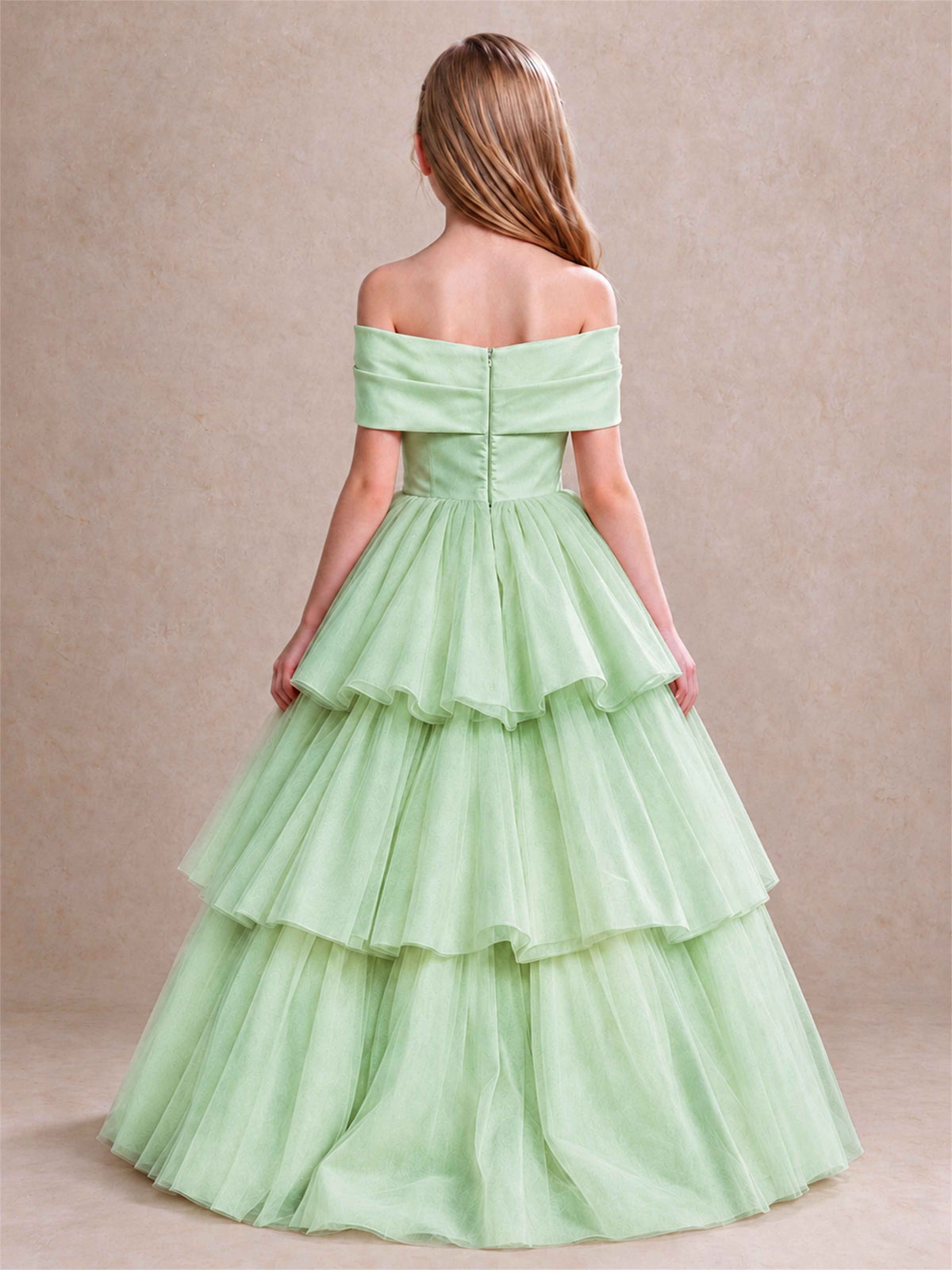Off Shoulder Satin Bow Flower Girl Dress Tiered Ruffle Tulle Floor Length Wedding Pageant Gown