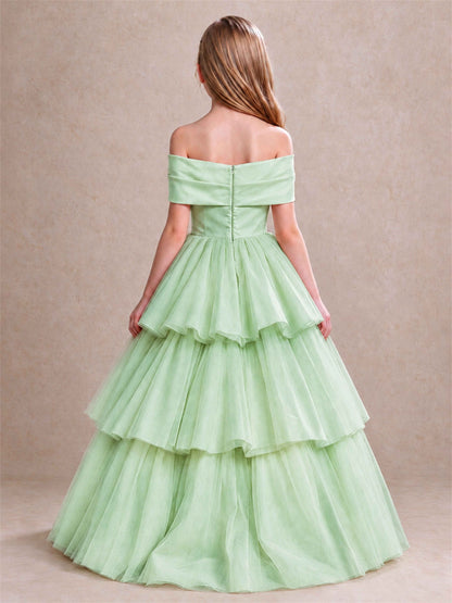 Off Shoulder Satin Bow Flower Girl Dress Tiered Ruffle Tulle Floor Length Wedding Pageant Gown