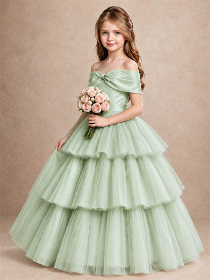 Off Shoulder Satin Bow Flower Girl Dress Tiered Ruffle Tulle Floor Length Wedding Pageant Gown