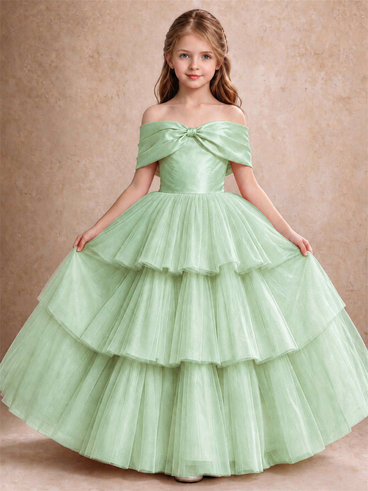 Off Shoulder Satin Bow Flower Girl Dress Tiered Ruffle Tulle Floor Length Wedding Pageant Gown