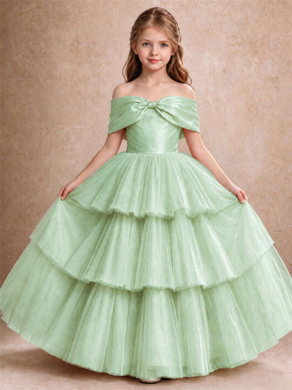 Off Shoulder Satin Bow Flower Girl Dress Tiered Ruffle Tulle Floor Length Wedding Pageant Gown