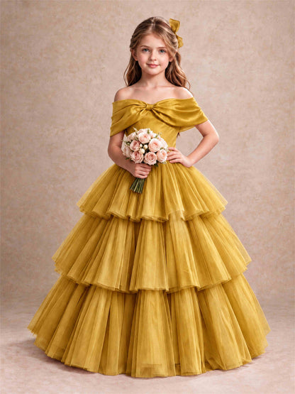 Off Shoulder Satin Bow Flower Girl Dress Tiered Ruffle Tulle Floor Length Wedding Pageant Gown