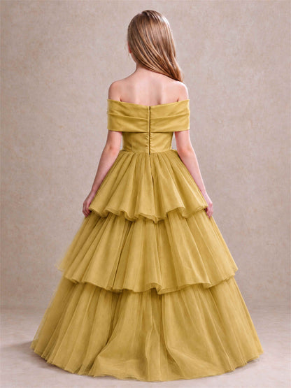 Off Shoulder Satin Bow Flower Girl Dress Tiered Ruffle Tulle Floor Length Wedding Pageant Gown