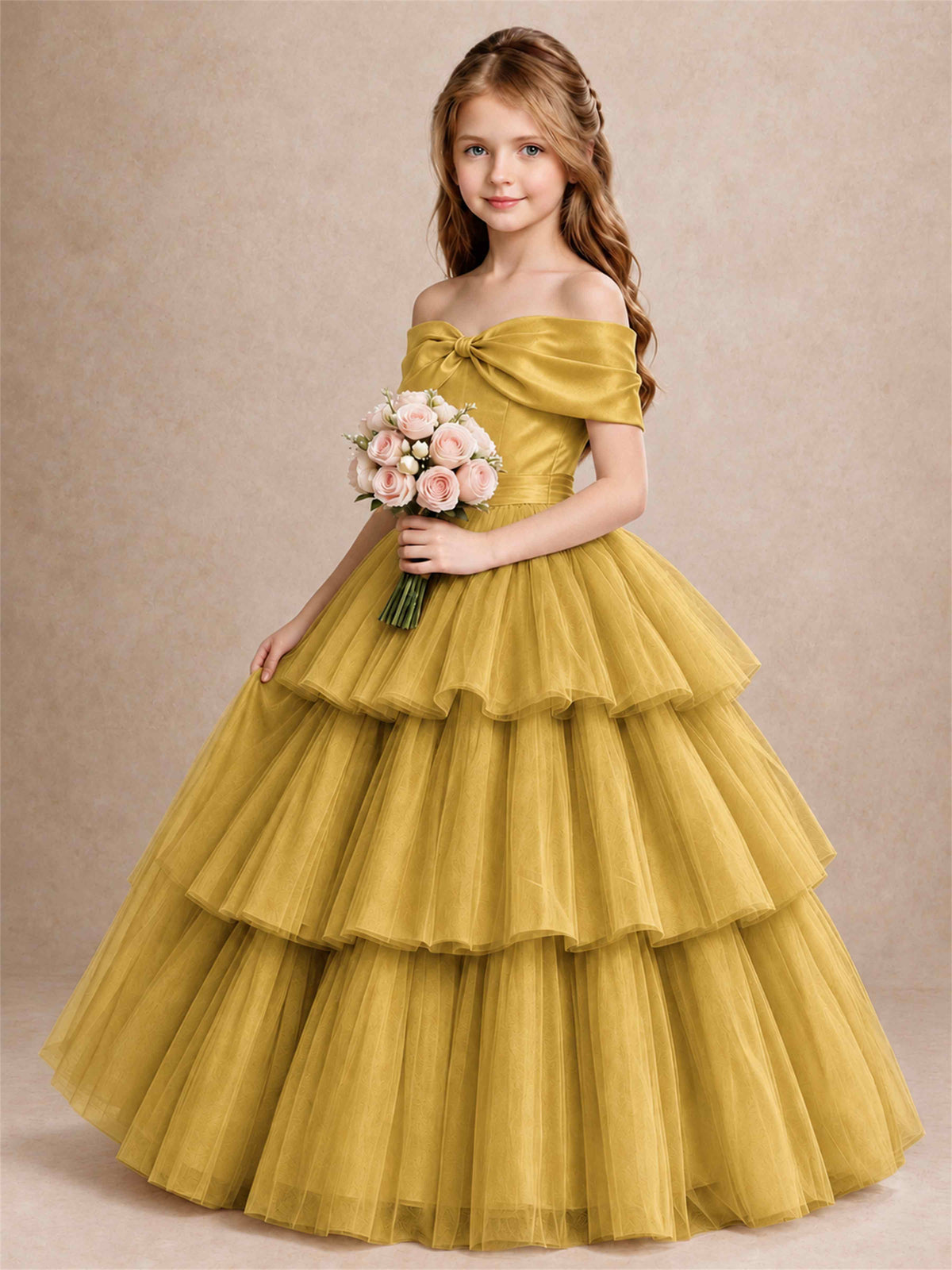 Off Shoulder Satin Bow Flower Girl Dress Tiered Ruffle Tulle Floor Length Wedding Pageant Gown