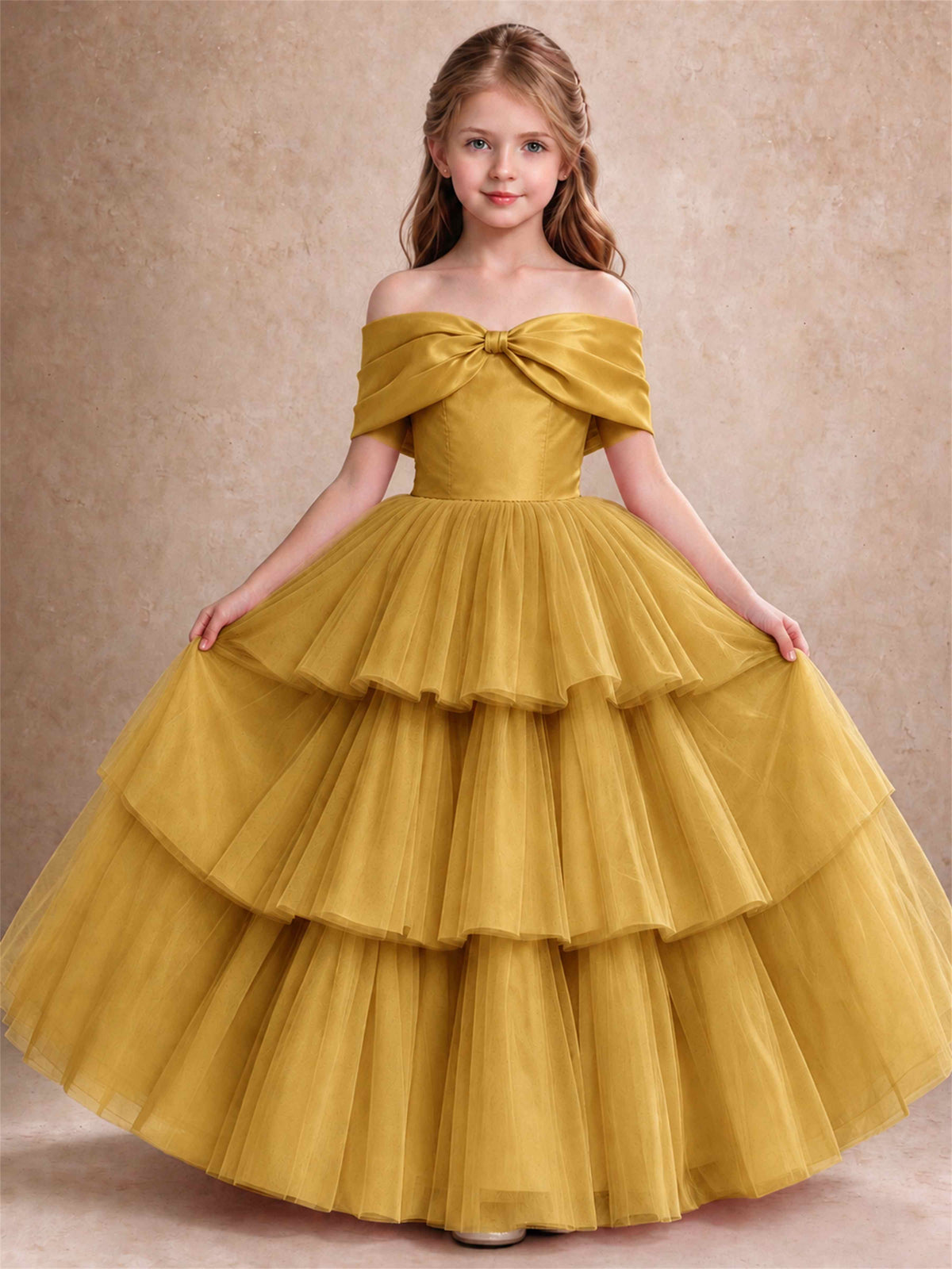 Off Shoulder Satin Bow Flower Girl Dress Tiered Ruffle Tulle Floor Length Wedding Pageant Gown