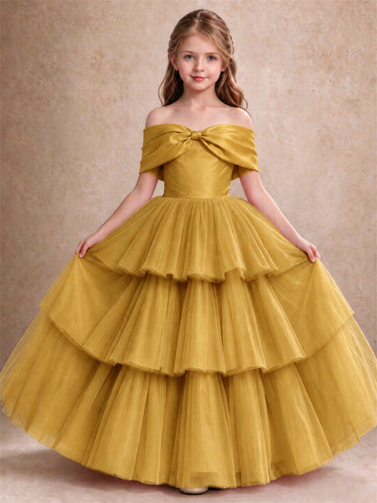 Off Shoulder Satin Bow Flower Girl Dress Tiered Ruffle Tulle Floor Length Wedding Pageant Gown