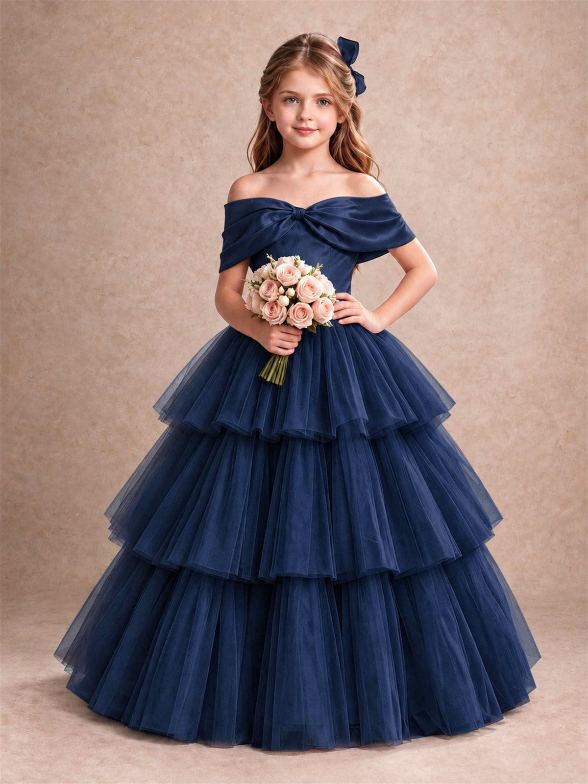 Off Shoulder Satin Bow Flower Girl Dress Tiered Ruffle Tulle Floor Length Wedding Pageant Gown