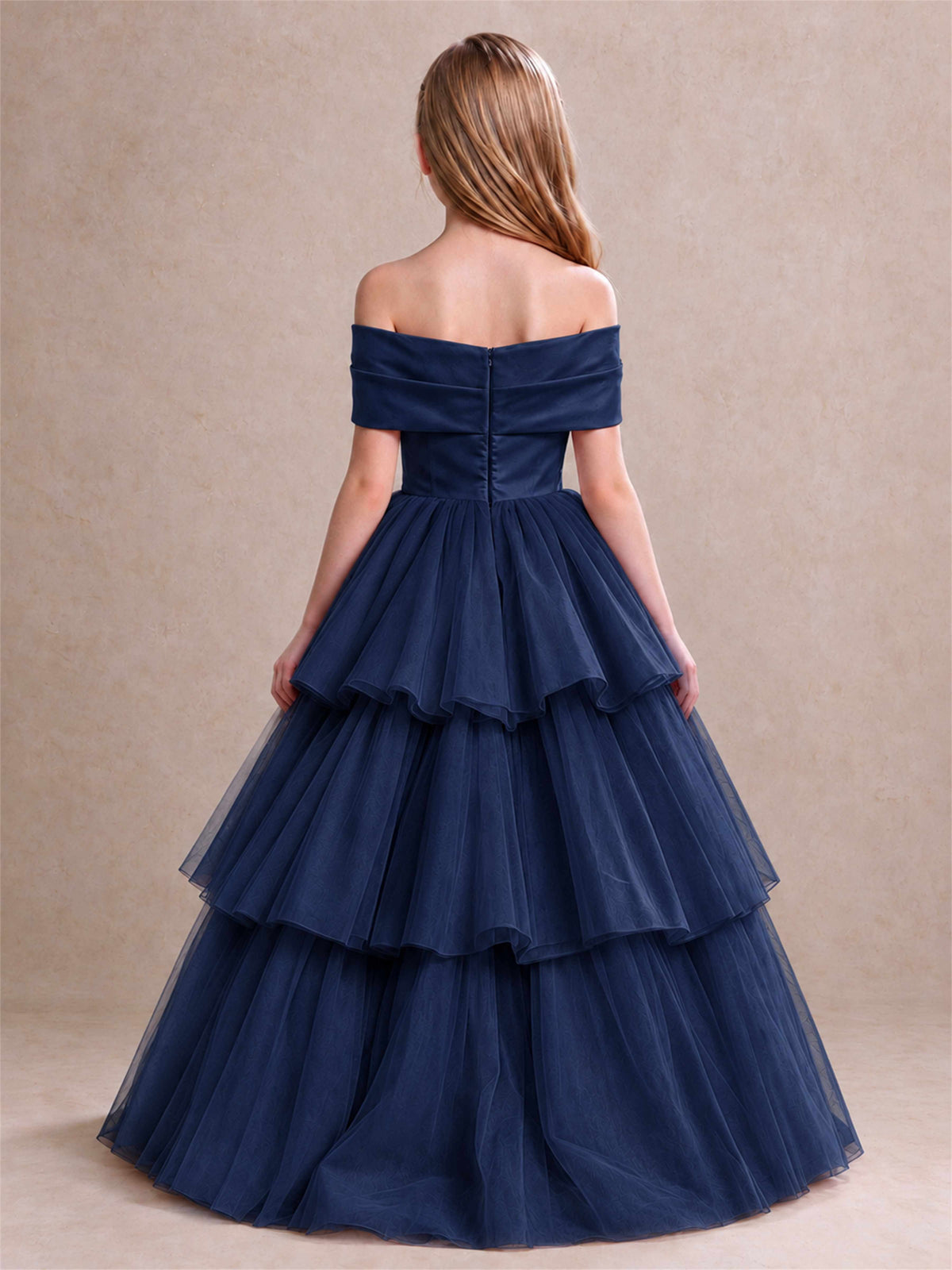Off Shoulder Satin Bow Flower Girl Dress Tiered Ruffle Tulle Floor Length Wedding Pageant Gown