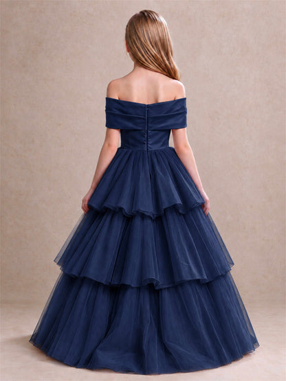 Off Shoulder Satin Bow Flower Girl Dress Tiered Ruffle Tulle Floor Length Wedding Pageant Gown