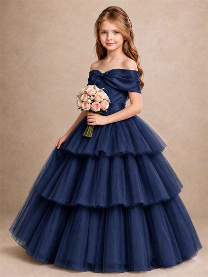 Off Shoulder Satin Bow Flower Girl Dress Tiered Ruffle Tulle Floor Length Wedding Pageant Gown