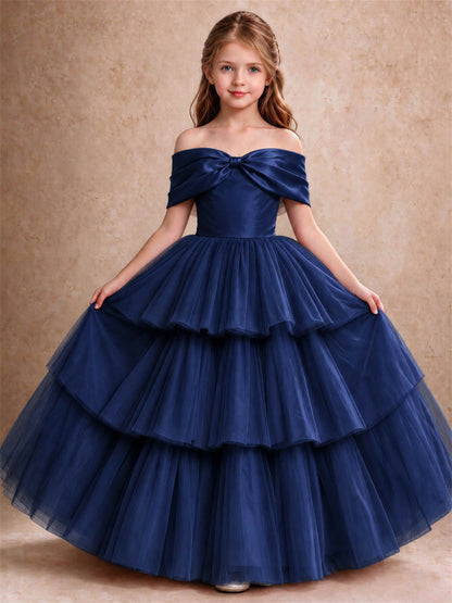 Off Shoulder Satin Bow Flower Girl Dress Tiered Ruffle Tulle Floor Length Wedding Pageant Gown