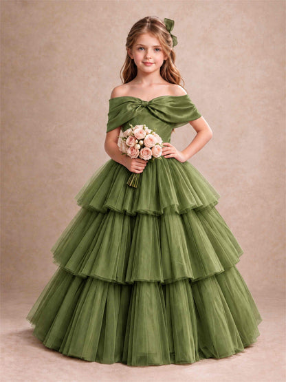 Off Shoulder Satin Bow Flower Girl Dress Tiered Ruffle Tulle Floor Length Wedding Pageant Gown