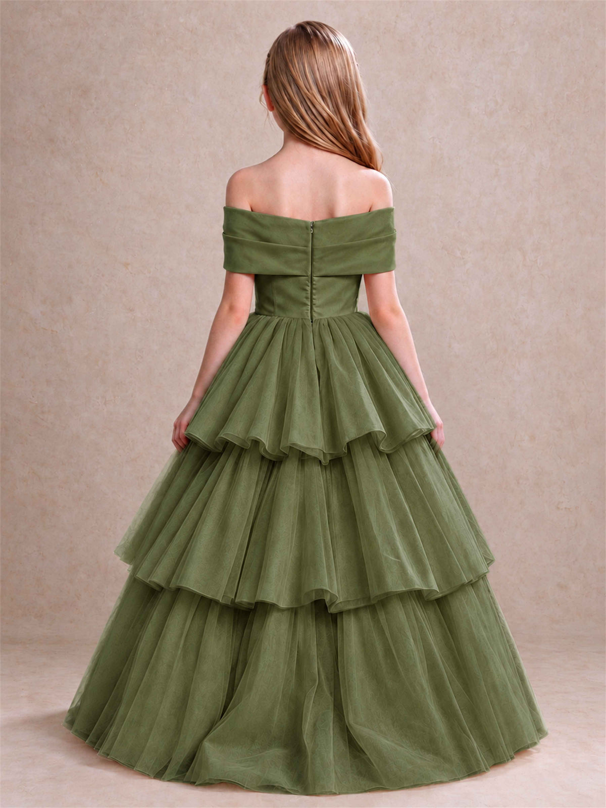 Off Shoulder Satin Bow Flower Girl Dress Tiered Ruffle Tulle Floor Length Wedding Pageant Gown
