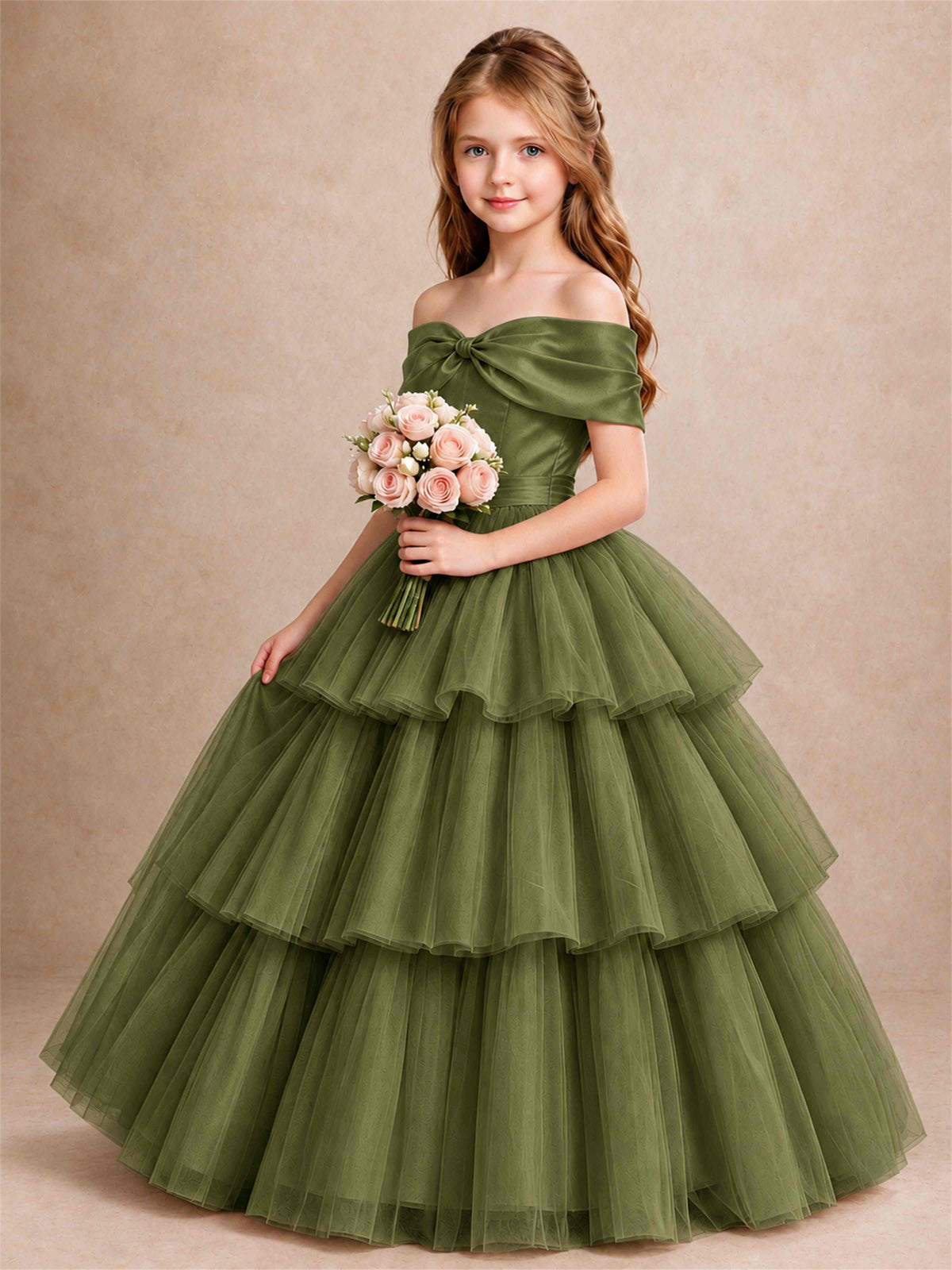 Off Shoulder Satin Bow Flower Girl Dress Tiered Ruffle Tulle Floor Length Wedding Pageant Gown