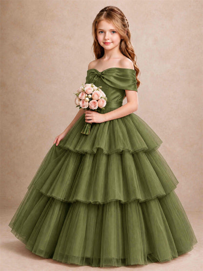 Off Shoulder Satin Bow Flower Girl Dress Tiered Ruffle Tulle Floor Length Wedding Pageant Gown