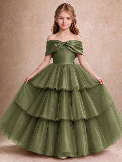 Off Shoulder Satin Bow Flower Girl Dress Tiered Ruffle Tulle Floor Length Wedding Pageant Gown