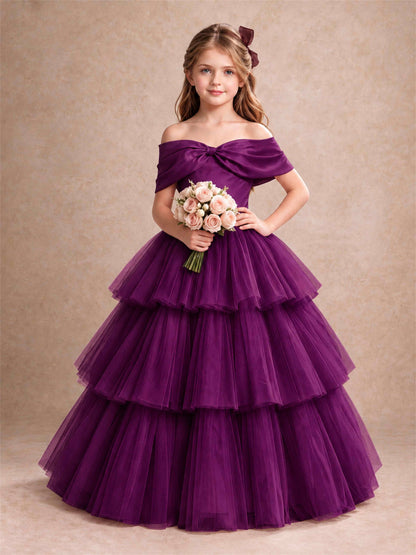 Off Shoulder Satin Bow Flower Girl Dress Tiered Ruffle Tulle Floor Length Wedding Pageant Gown