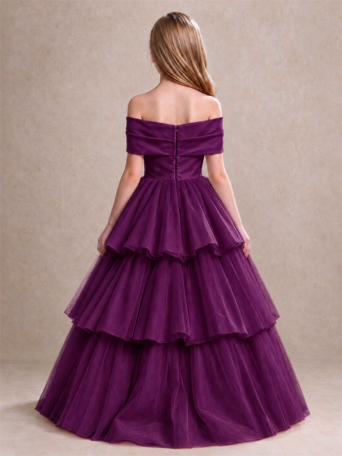 Off Shoulder Satin Bow Flower Girl Dress Tiered Ruffle Tulle Floor Length Wedding Pageant Gown