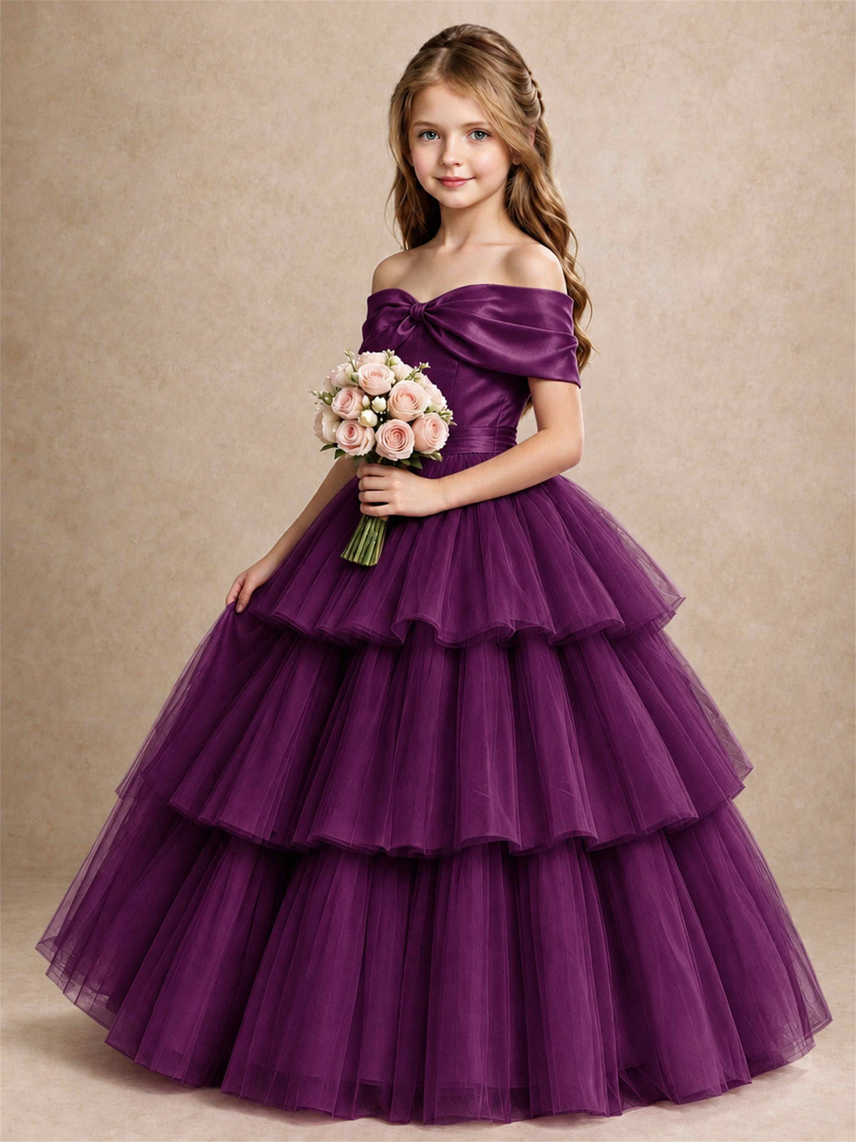 Off Shoulder Satin Bow Flower Girl Dress Tiered Ruffle Tulle Floor Length Wedding Pageant Gown