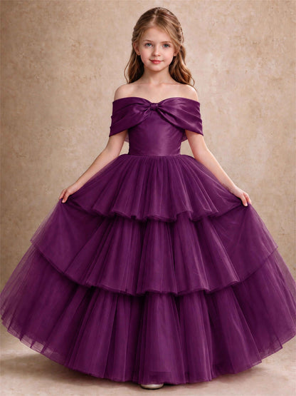Off Shoulder Satin Bow Flower Girl Dress Tiered Ruffle Tulle Floor Length Wedding Pageant Gown