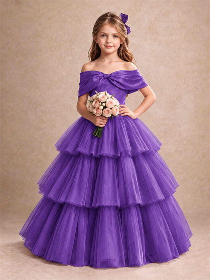 Off Shoulder Satin Bow Flower Girl Dress Tiered Ruffle Tulle Floor Length Wedding Pageant Gown