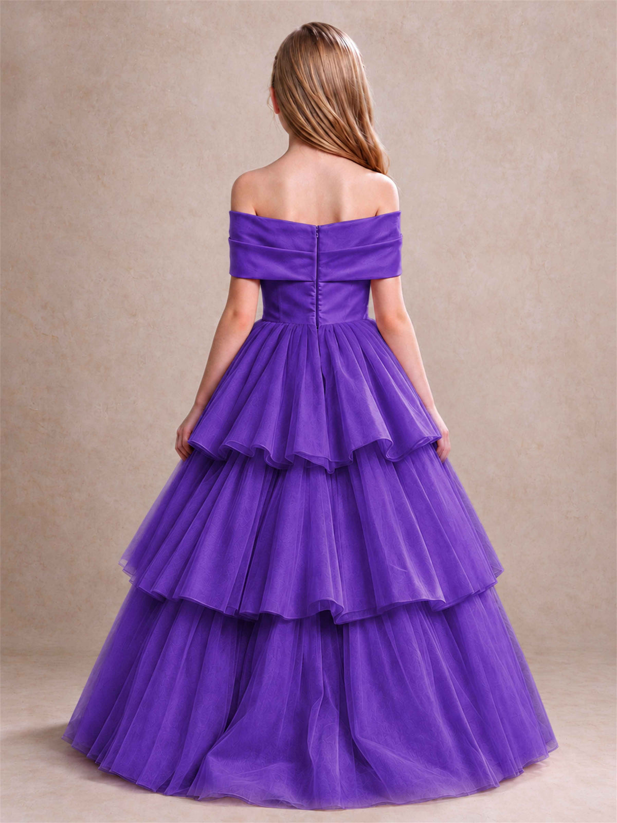 Off Shoulder Satin Bow Flower Girl Dress Tiered Ruffle Tulle Floor Length Wedding Pageant Gown