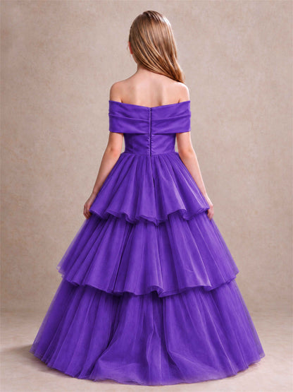 Off Shoulder Satin Bow Flower Girl Dress Tiered Ruffle Tulle Floor Length Wedding Pageant Gown