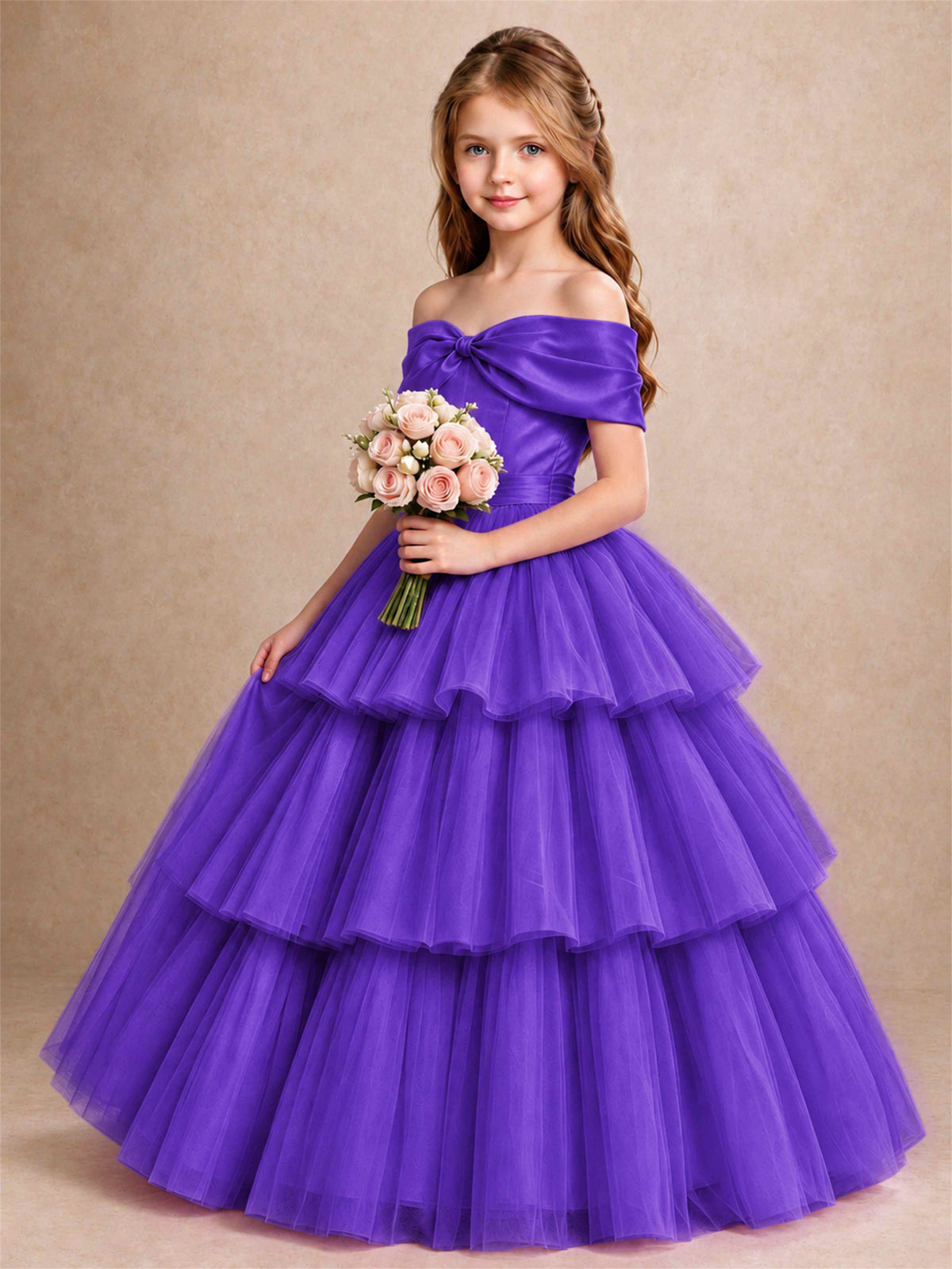 Off Shoulder Satin Bow Flower Girl Dress Tiered Ruffle Tulle Floor Length Wedding Pageant Gown