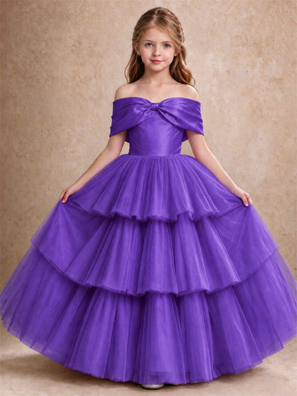 Off Shoulder Satin Bow Flower Girl Dress Tiered Ruffle Tulle Floor Length Wedding Pageant Gown