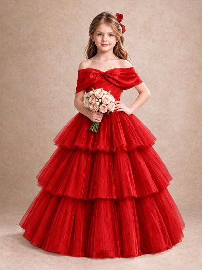 Off Shoulder Satin Bow Flower Girl Dress Tiered Ruffle Tulle Floor Length Wedding Pageant Gown