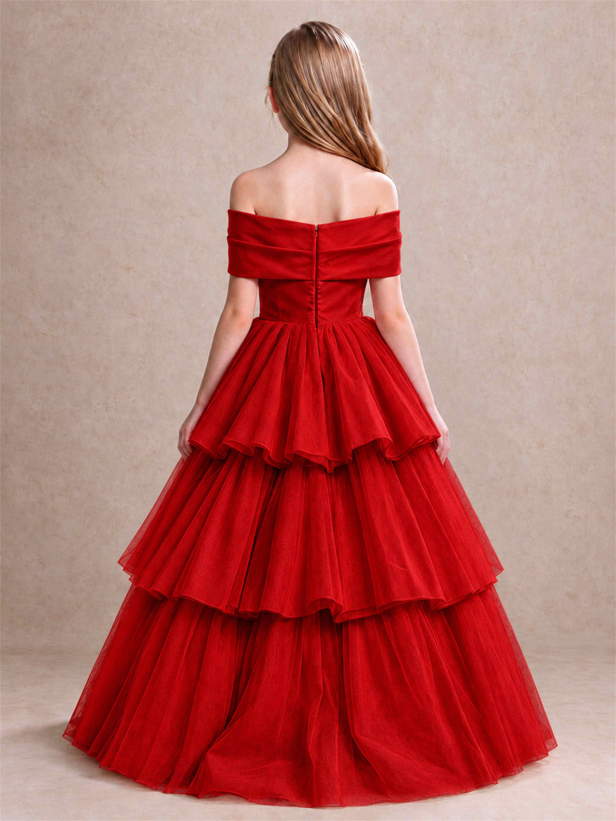 Off Shoulder Satin Bow Flower Girl Dress Tiered Ruffle Tulle Floor Length Wedding Pageant Gown