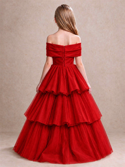 Off Shoulder Satin Bow Flower Girl Dress Tiered Ruffle Tulle Floor Length Wedding Pageant Gown