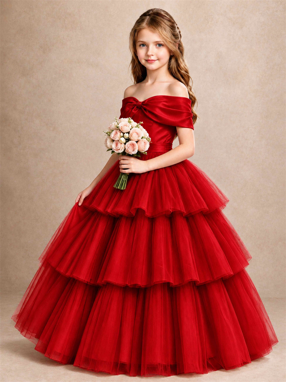 Off Shoulder Satin Bow Flower Girl Dress Tiered Ruffle Tulle Floor Length Wedding Pageant Gown