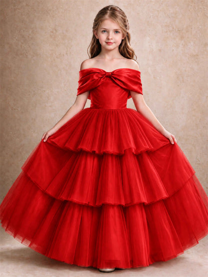 Off Shoulder Satin Bow Flower Girl Dress Tiered Ruffle Tulle Floor Length Wedding Pageant Gown